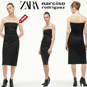 ZARA NARCISO RODRIGUEZ collab black bustier strapless midi tube dress Sz XS NWT
